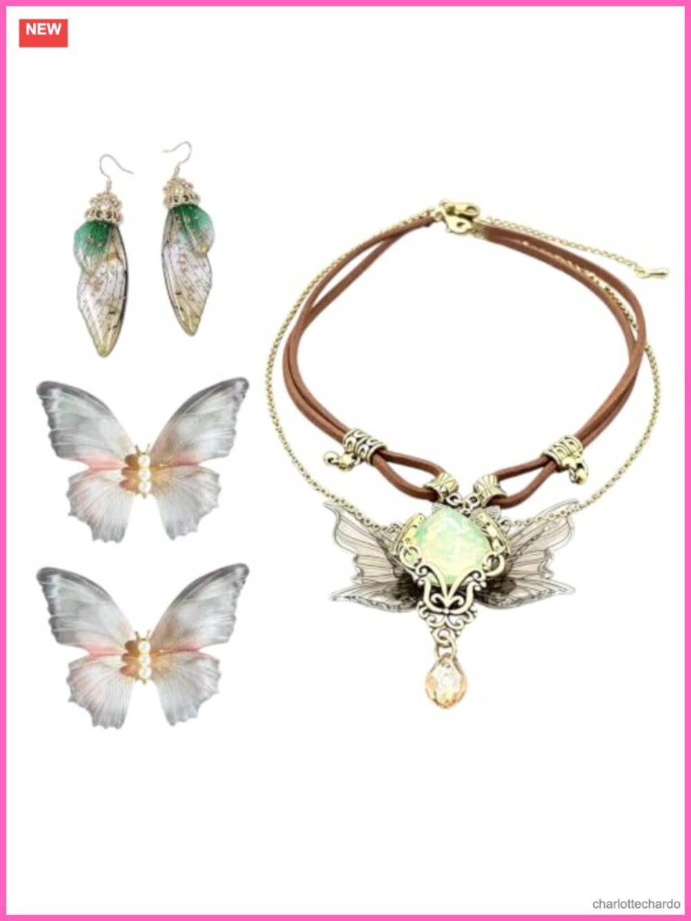 Layered Leather Butterfly Necklace Earrings Hair Clips Fairy Costume Set